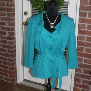 Darjoni Teal short jacket Ruffled collar 3/4 sleeve Lined 3 buttons size LP EUC…